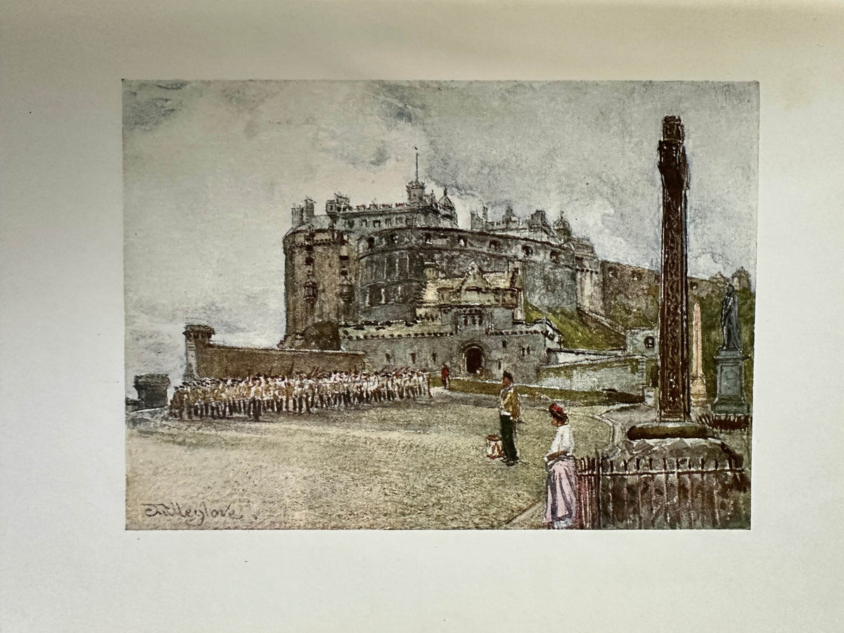 1912 Edinburgh book Rosaline Masson featuring a colored illustration of a castle and people outdoors
