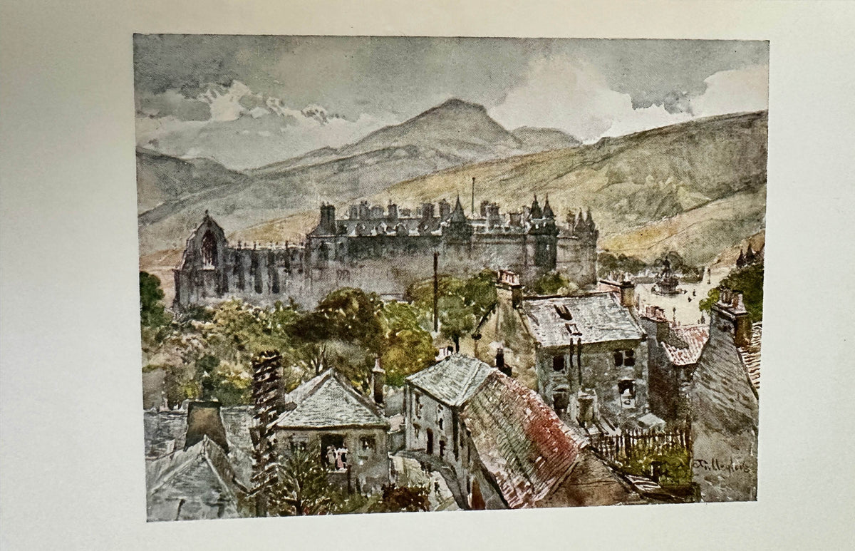 Vintage illustration from a 1912 Edinburgh book Rosaline Masson featuring a scenic landscape with buildings