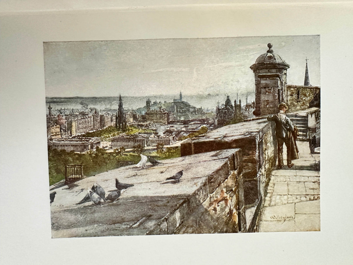 1912 Edinburgh book Rosaline Masson featuring a colorful view of Edinburgh's skyline and historic architecture