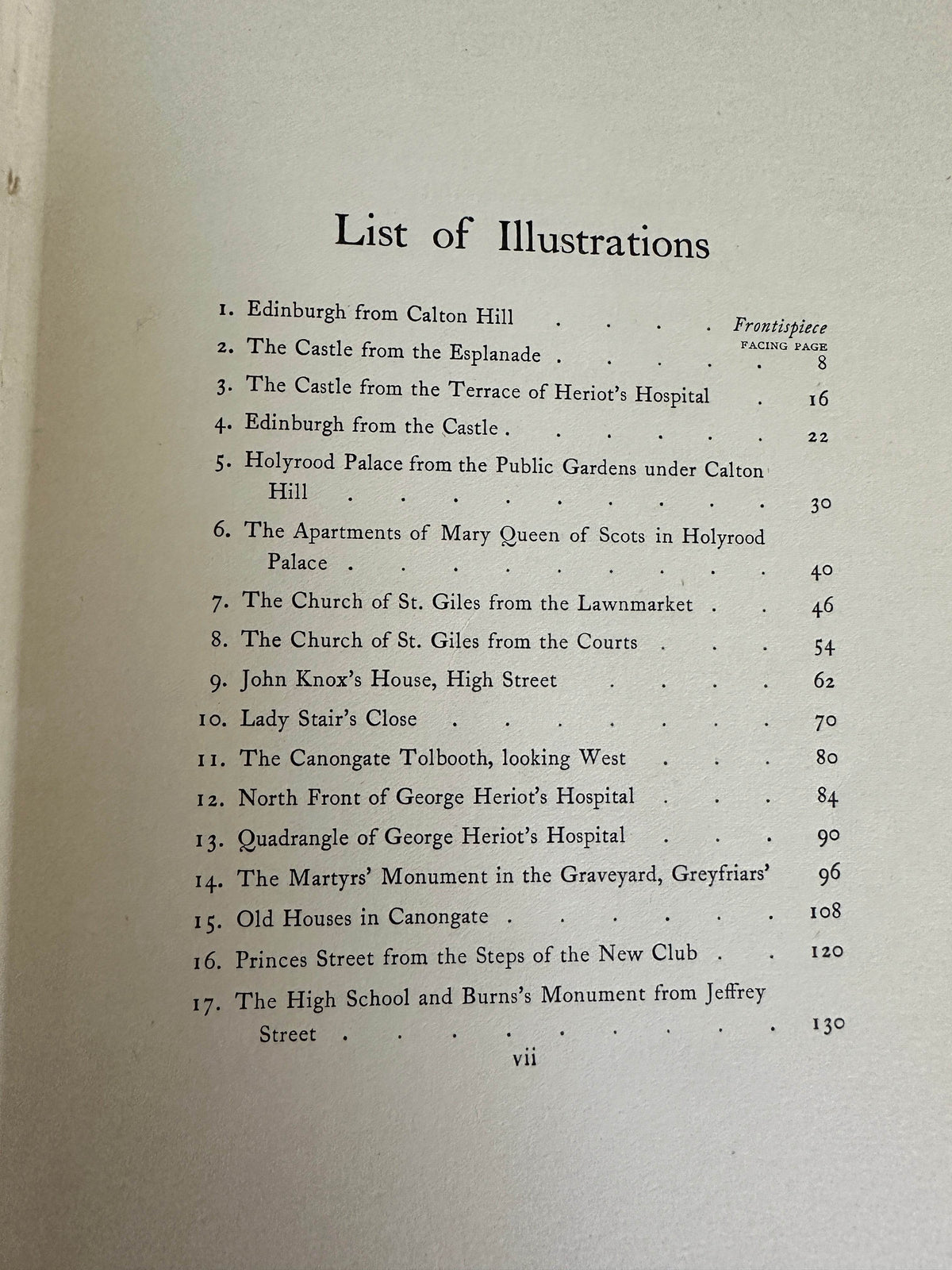 List of Illustrations page from the 1912 Edinburgh book Rosaline Masson showcasing various sites