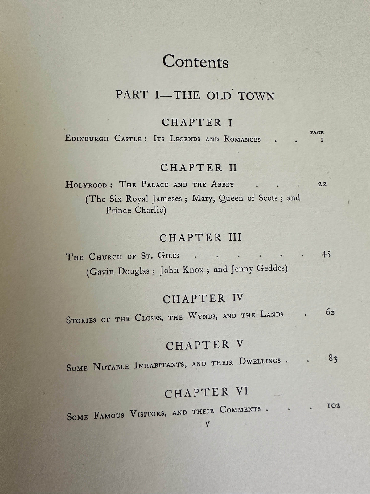 Contents page of 1912 Edinburgh book Rosaline Masson, featuring chapters on the Old Town and its history