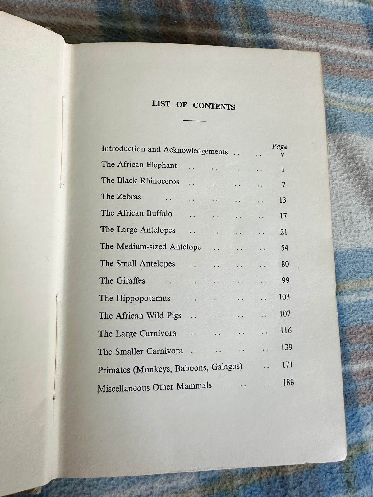 List of contents from the 1960 Animals of East Africa book featuring various animal sections