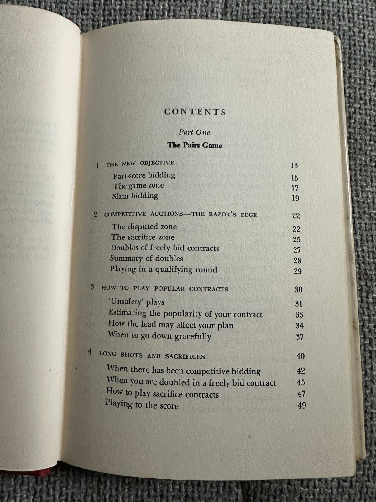 Contents page of the 1969 Bridge For Tournament Players book outlining key topics and strategies