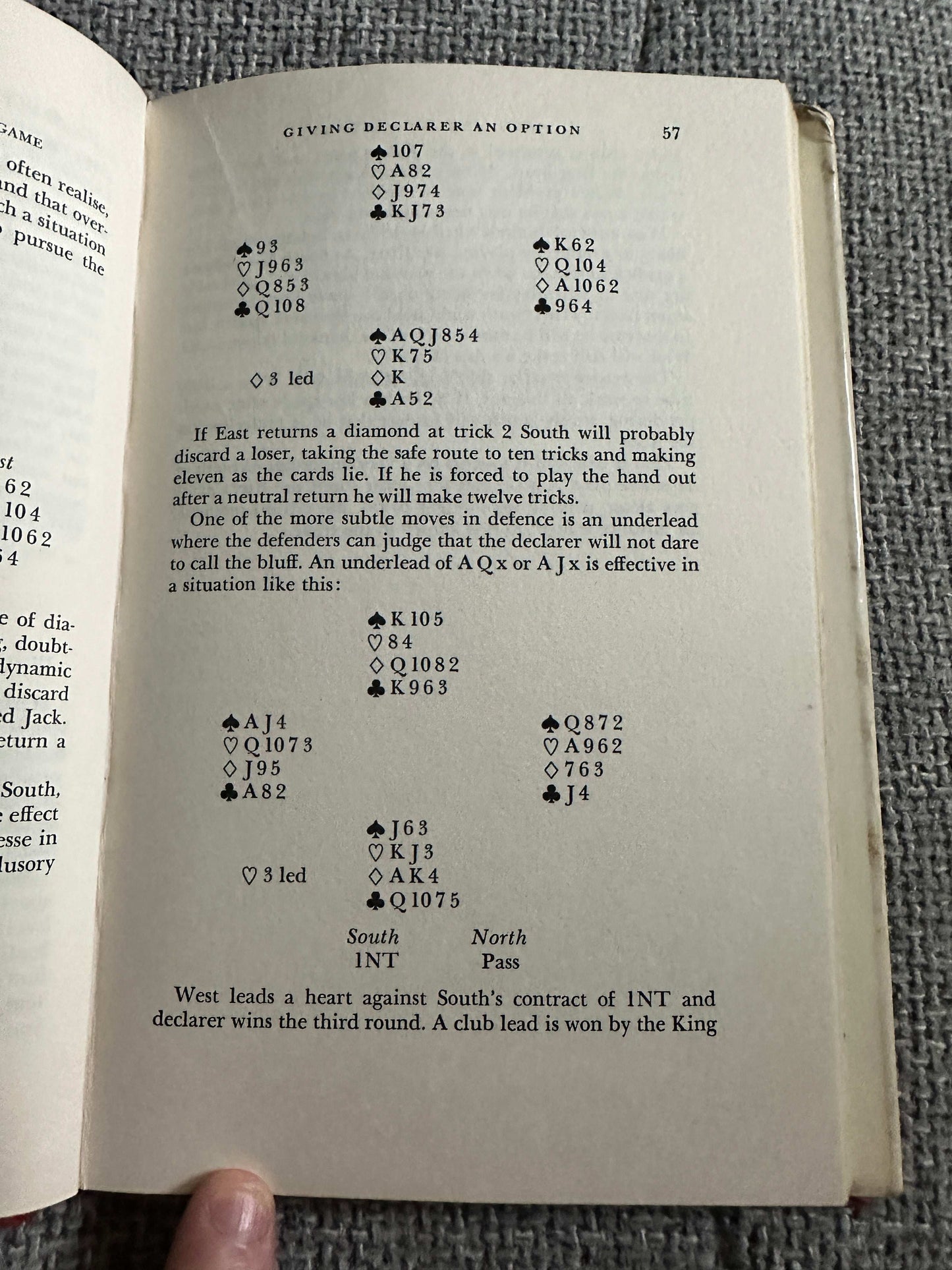 1969 Bridge For Tournament Players book page showing strategies and card arrangements for bridge game