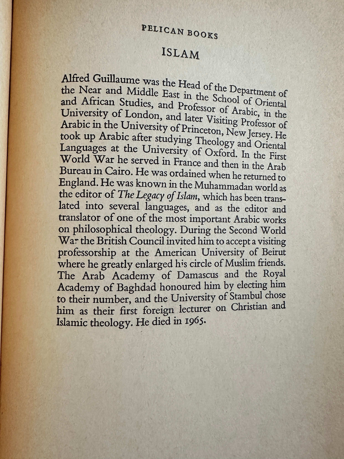 First page of the 1969 Penguin Pelican Original rare books on Islam by Alfred Guillaume with historical context