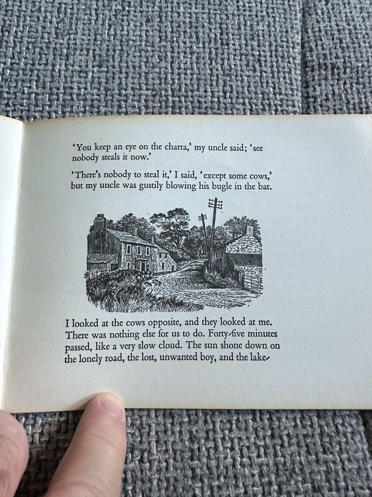 1975 The Outing Meg Stevens illustrated edition featuring a black and white drawing of rural scenery and cows