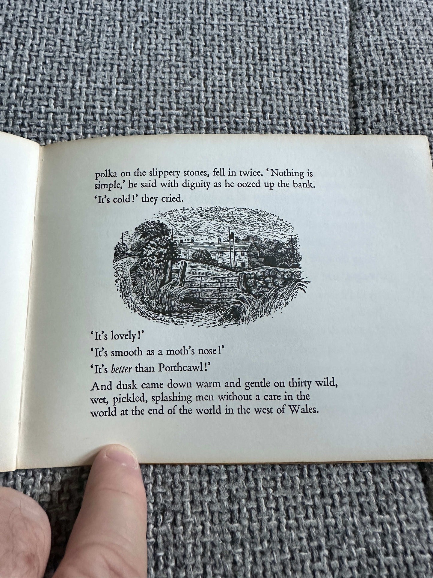 Pages from 1975 The Outing Meg Stevens illustrated edition featuring a scenic illustration and poetic text