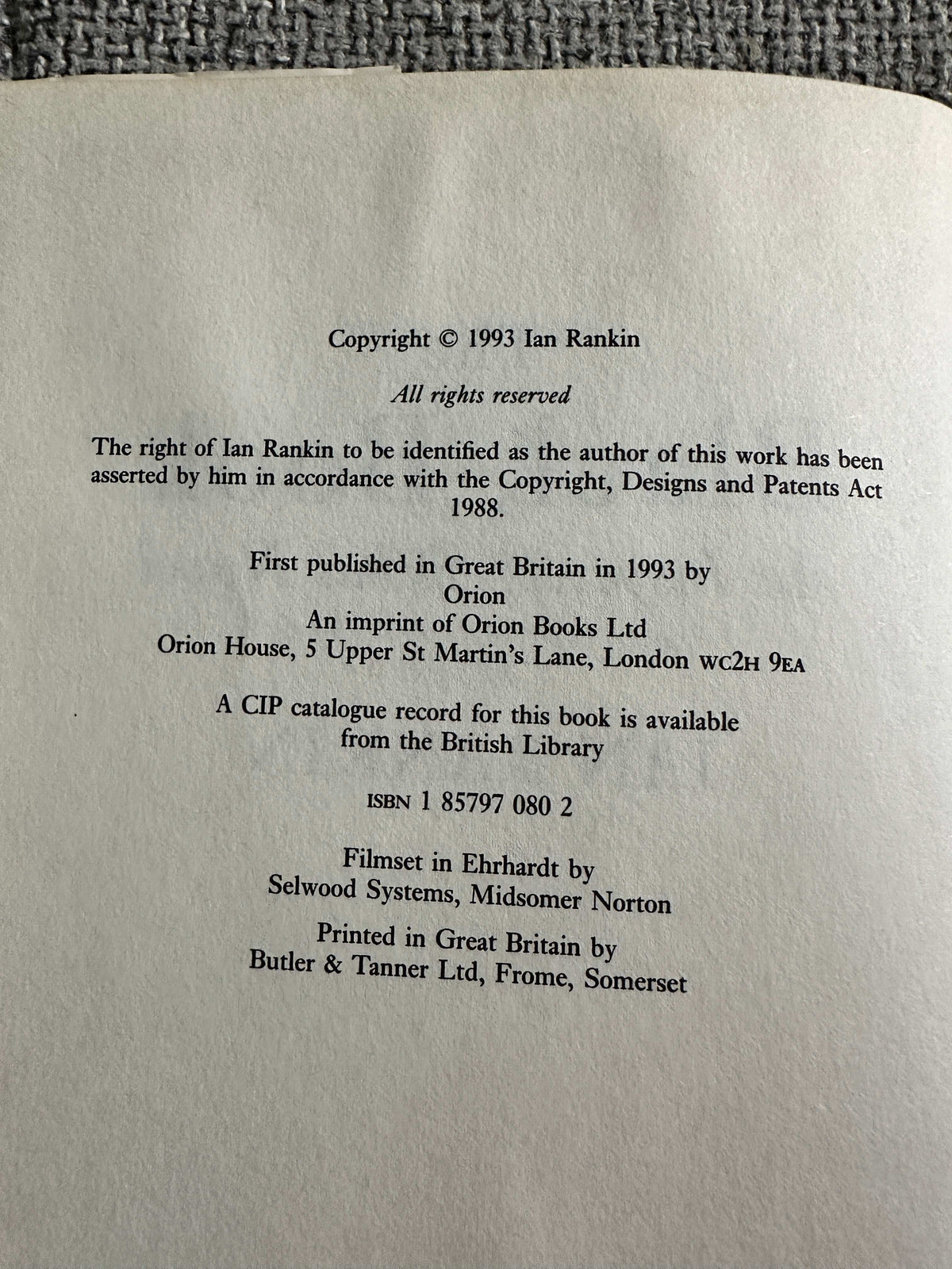 1993 The Black Book Orion hardcover by Ian Rankin showcasing copyright and publishing details