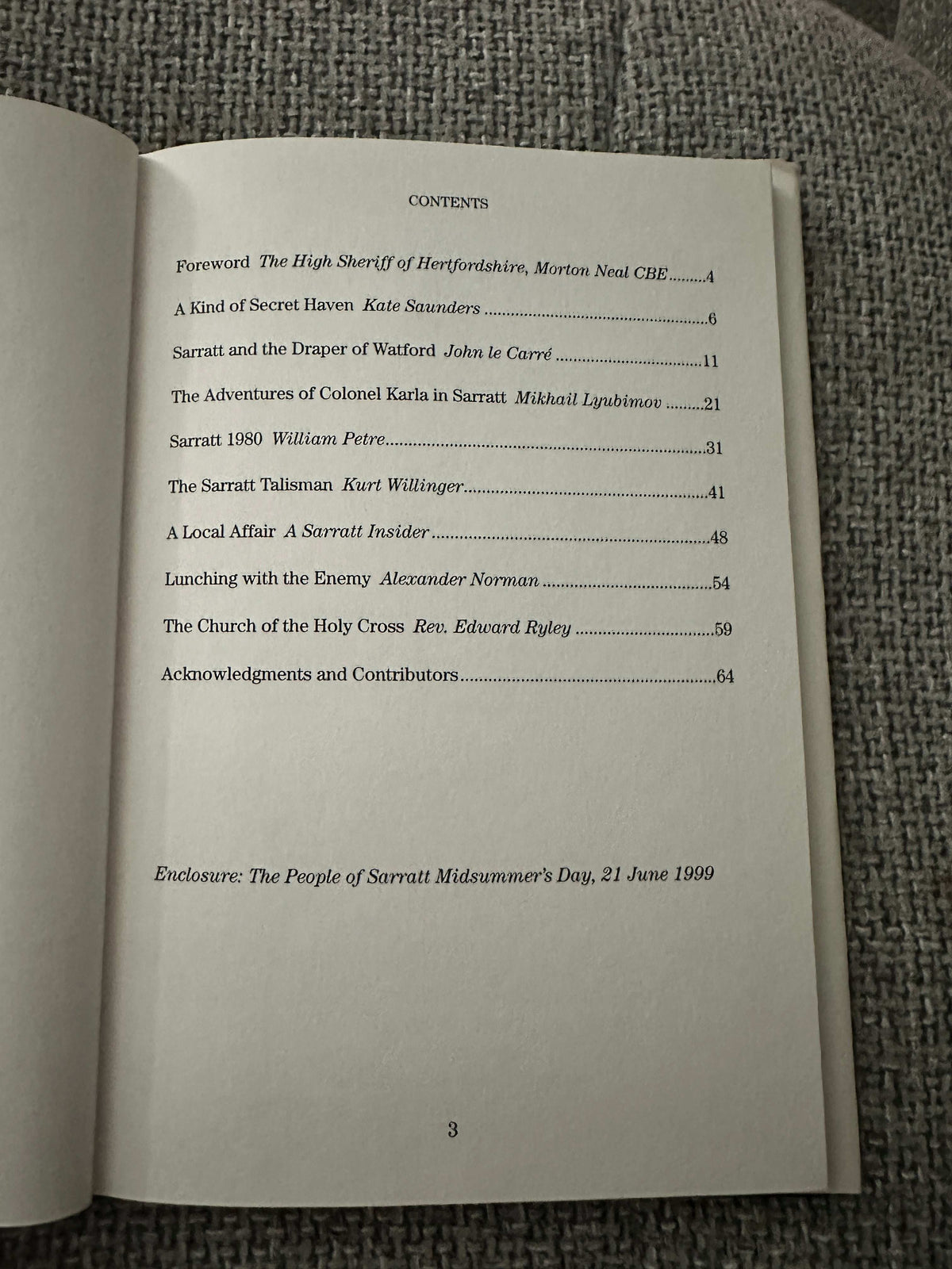 Contents page of 1999 Sarratt and the Draper of Watford rare book with titles and contributors listed