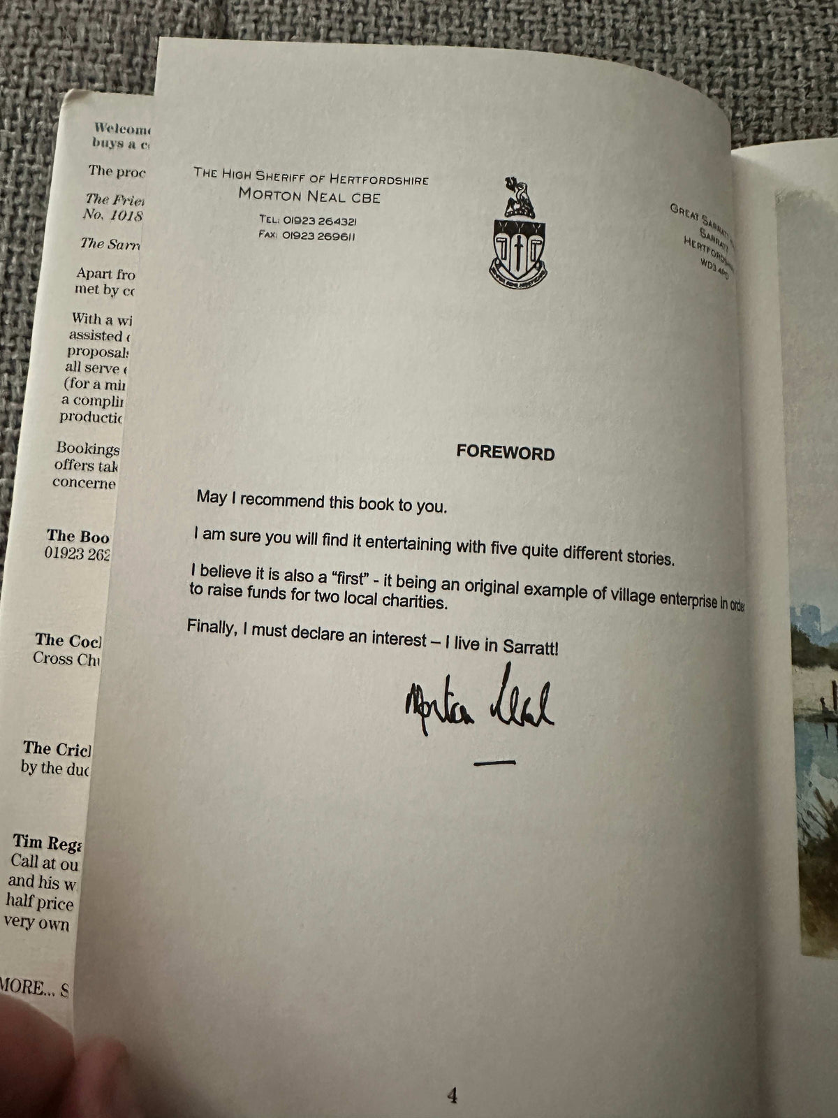 Foreword page from 1999 Sarratt and the Draper of Watford rare book with signed note