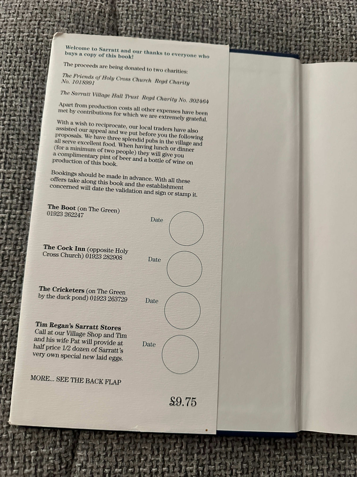 1999 Sarratt and the Draper of Watford rare book introduction page with charity donation details