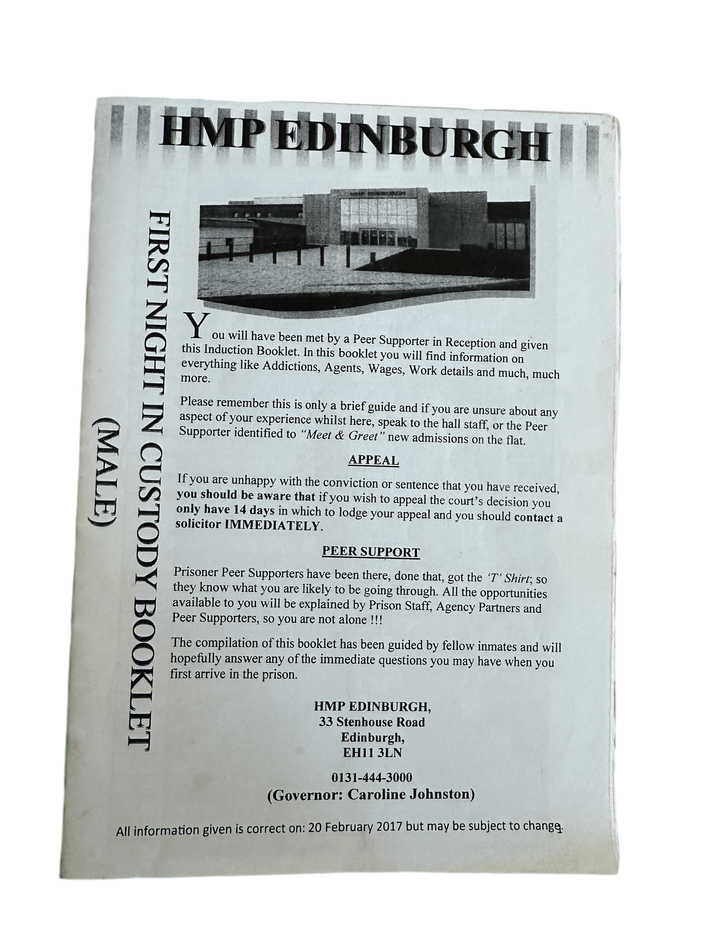 2017 H. M. P. Edinburgh Prison (First Night in Custody Booklet)very rare - Honeyburn Books (UK)