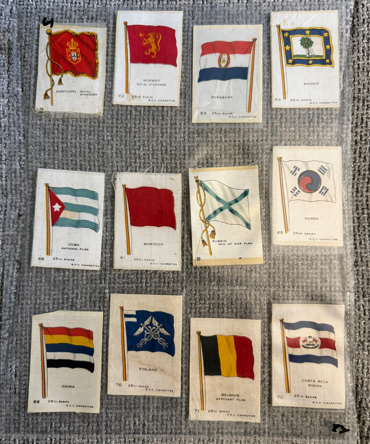 12 x Vintage B.D.V. Cigarette Silks — 25th Series World & Royal Flags — c.1910s
