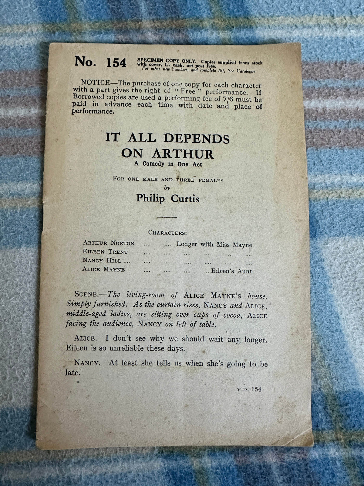 1930’s It All Depends On Arthur (One Act Play) Philip Curtis - Honeyburn Books (UK)