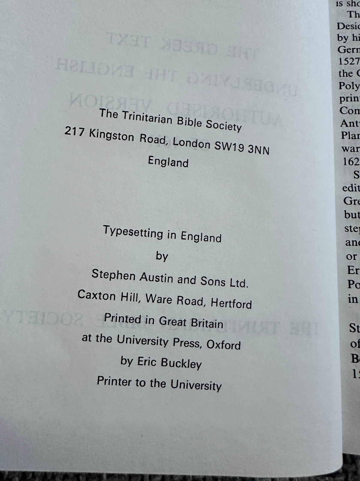 1990’s Greek New Testament (The Greek Text Underlying The English Authorised Version of 1611 - The Trinitarian Bible Society - Honeyburn Books (UK)