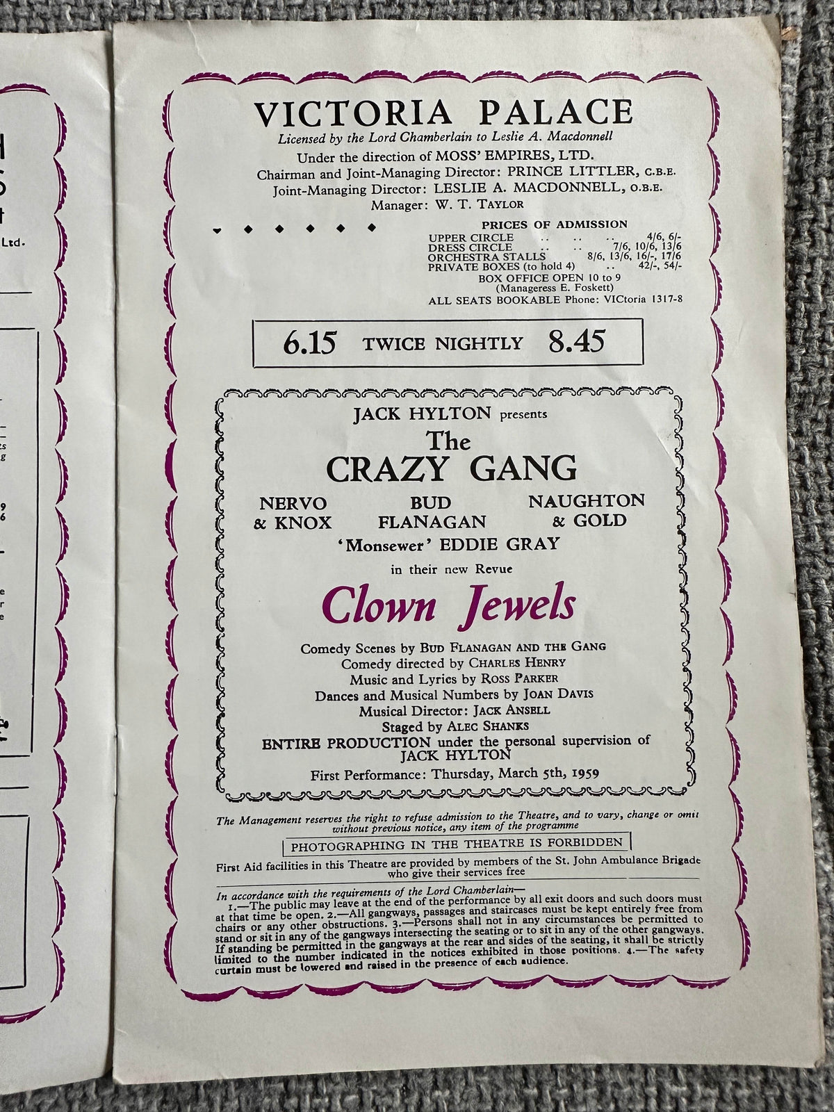 1959 Clown Jewels - The Crazy Gang Programme Victoria Palace - Honeyburn Books (UK)