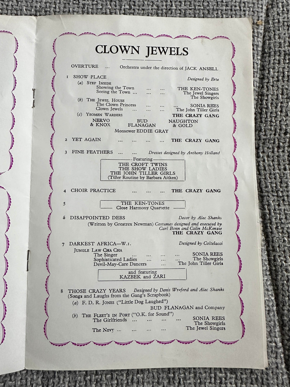 1959 Clown Jewels - The Crazy Gang Programme Victoria Palace - Honeyburn Books (UK)