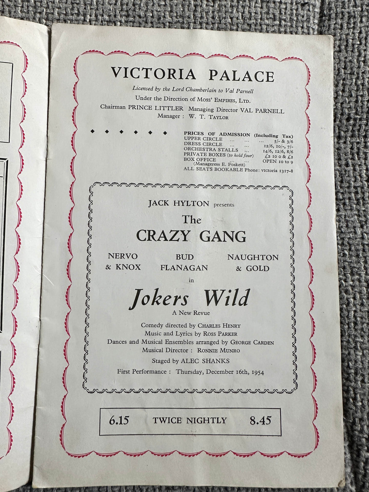 1954 Jokers Wild - The Crazy Gang Programme Victoria Palace - Honeyburn Books (UK)
