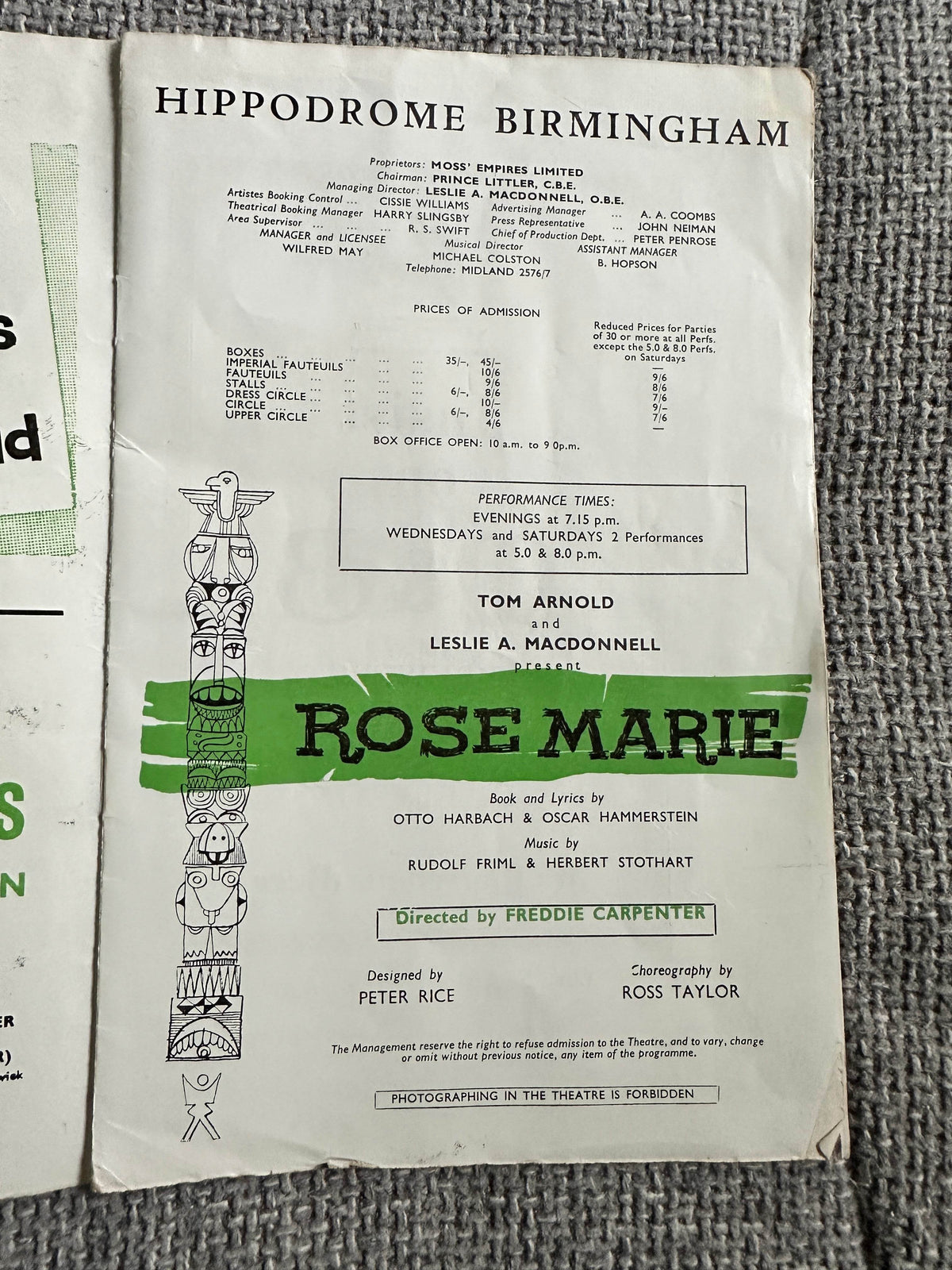 1961*Signed* Rose Marie Programme David Whitfield Signed. Hippodrome Birmingham - Honeyburn Books (UK)
