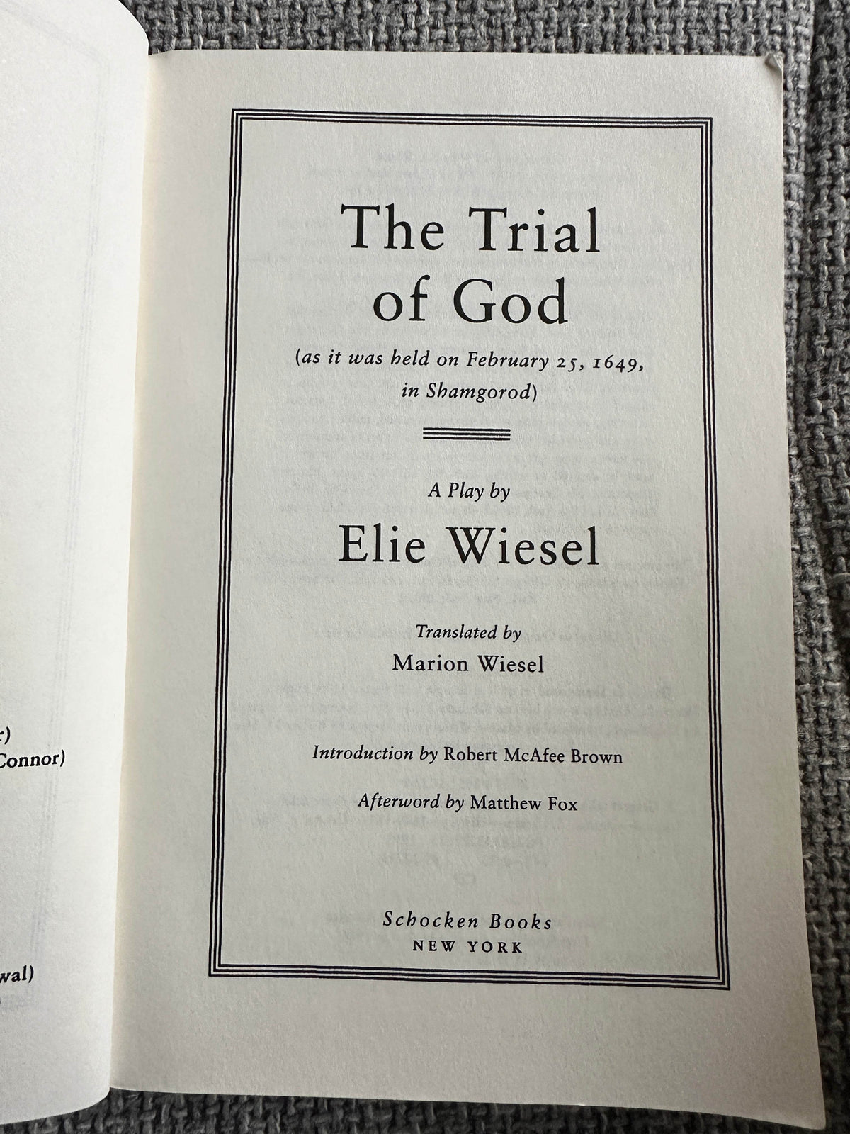 1995 The Trial Of God - Elie Wiesel (Schocken Books, New York) - Honeyburn Books (UK)