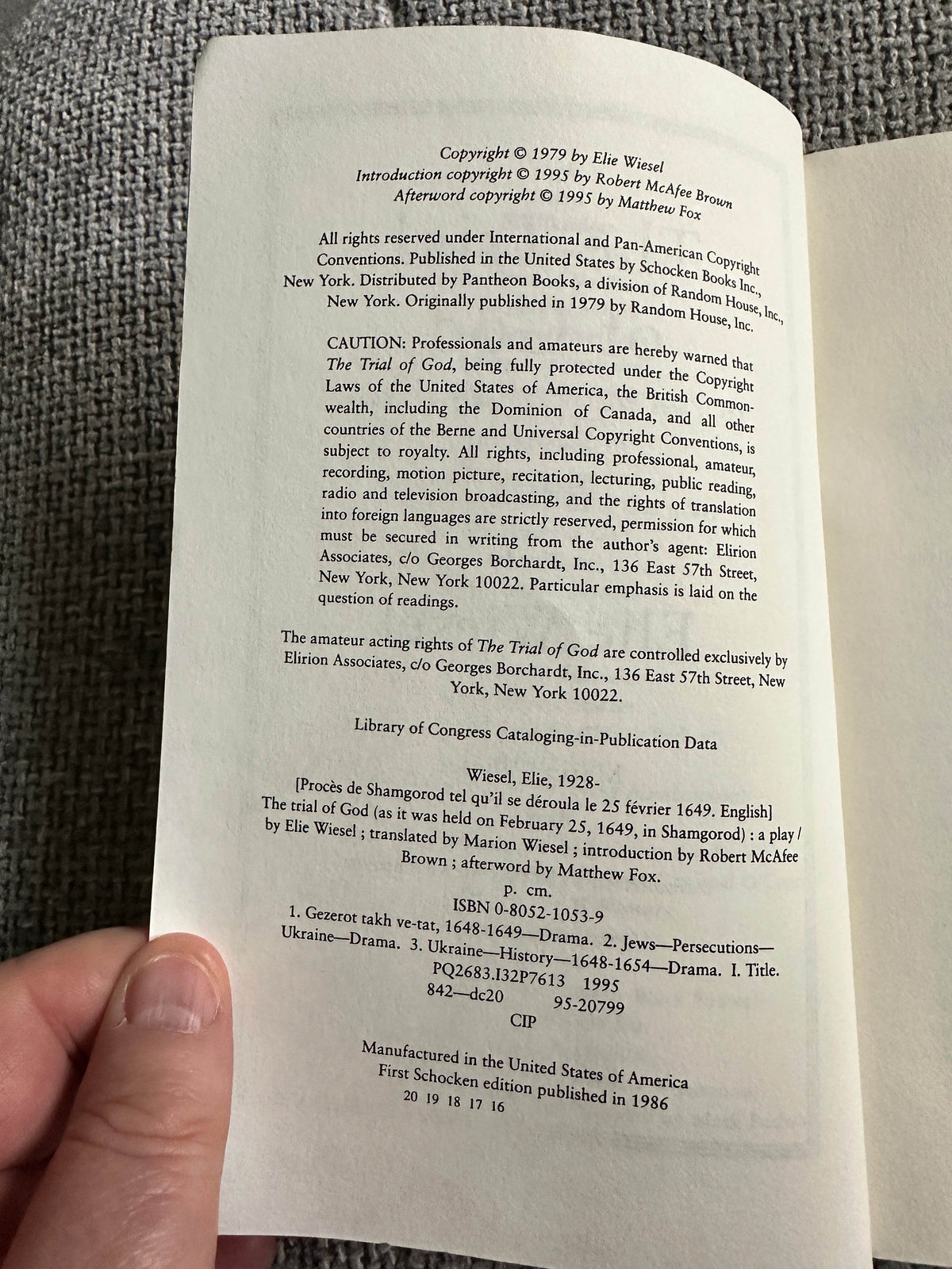 1995 The Trial Of God - Elie Wiesel (Schocken Books, New York) - Honeyburn Books (UK)