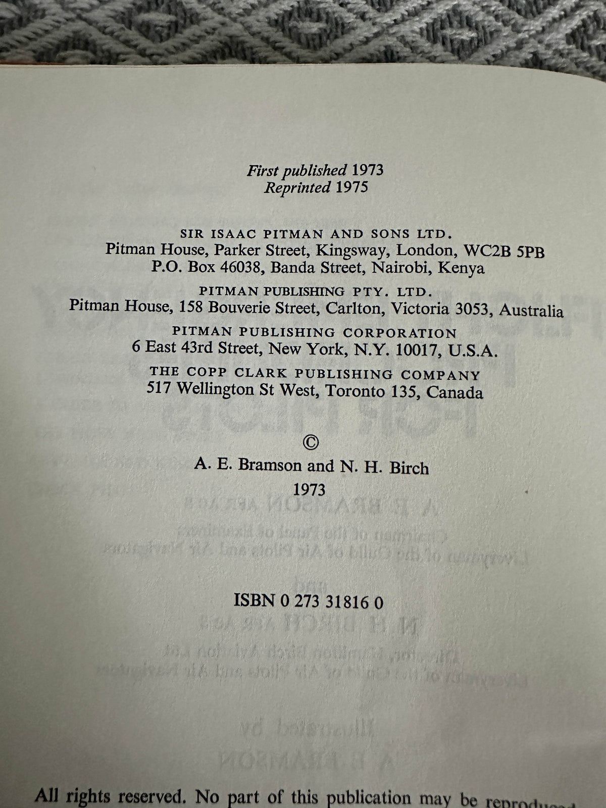 1975 Flight Emergency Procedures For Pilots - N. H. Birch & A. E. Bramson(Pitman Publishing) - Honeyburn Books (UK)