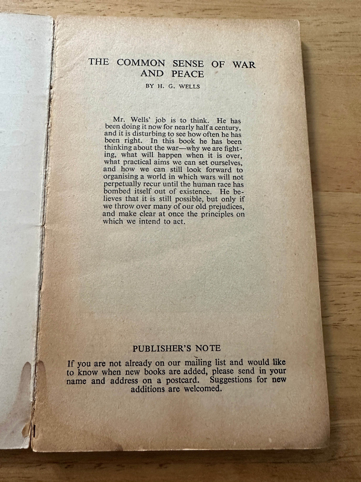 1940*1st* The Common Sense Of War & Peace World Revolution or War Unending - H.G. Wells(Penguin Special) - Honeyburn Books (UK)