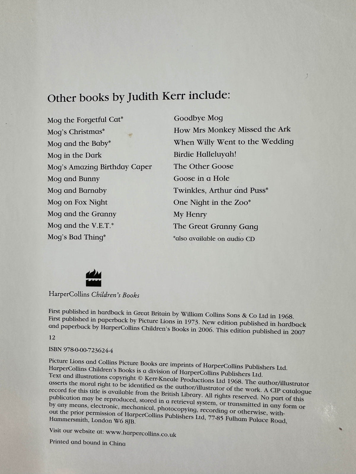 2007 The Tiger Who Came To Tea - Judith Kerr (HarperCollins) Board Book - Honeyburn Books (UK)