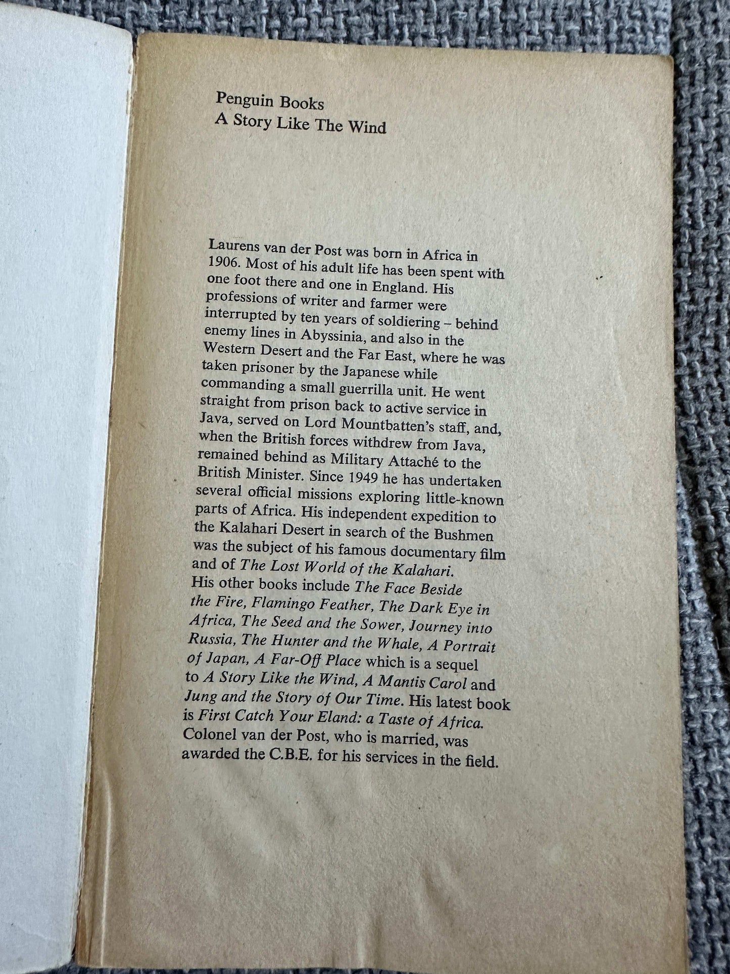 1980 A Story Like The Wind - Laurens Van Der Post (Penguin) - Honeyburn Books (UK)