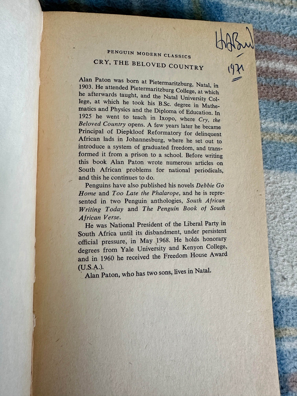 1971 Cry, The Beloved Country - Alan Paton(Penguin Modern Classics) - Honeyburn Books (UK)