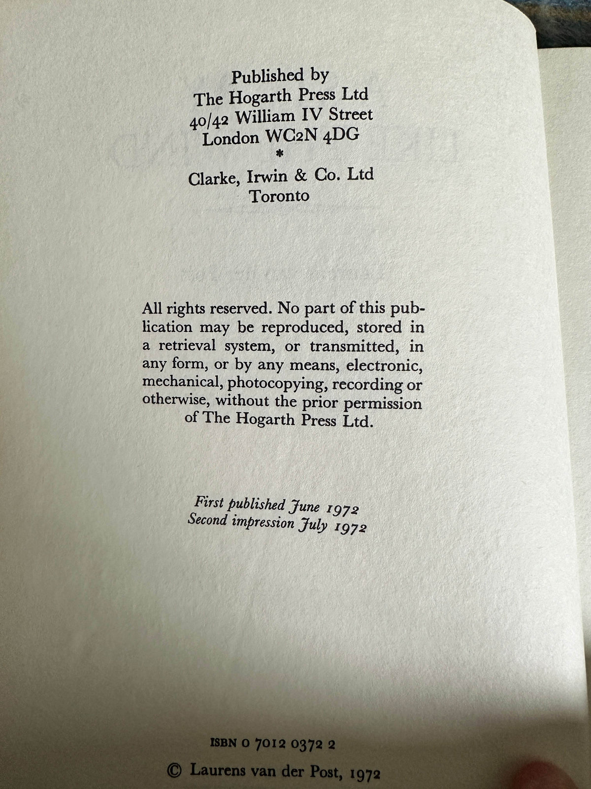 1972 A Story Like The Wind - Laurens Van der Post (The Hogarth Press) - Honeyburn Books (UK)