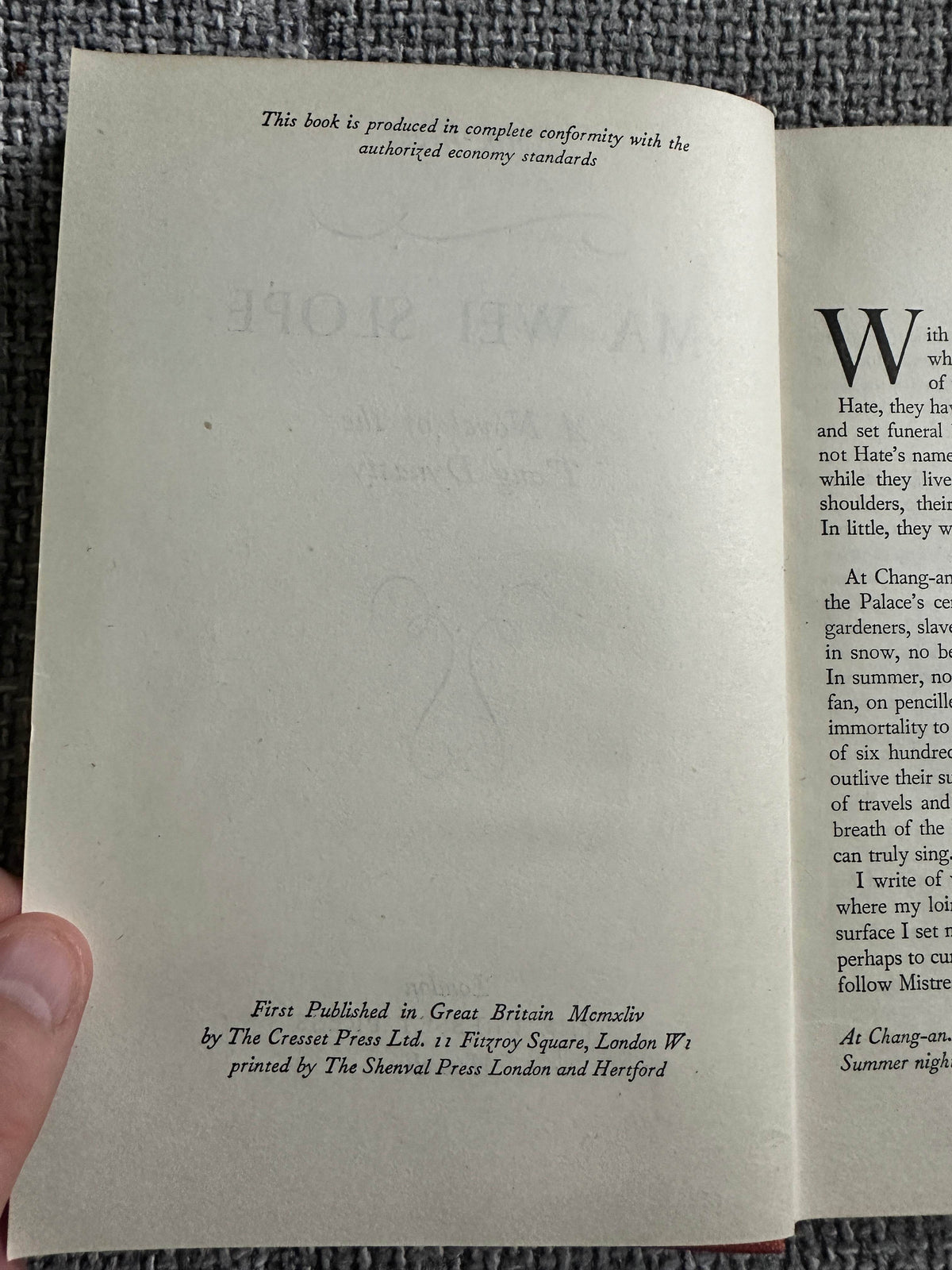 1944*1st* Ma Wei Slope(A Novel Of The Tang Dynasty) Keith West(The Cresset Press) - Honeyburn Books (UK)