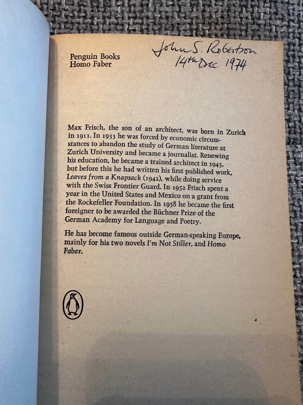 1974 Homo Faber - Max Frisch(Penguin) - Honeyburn Books (UK)