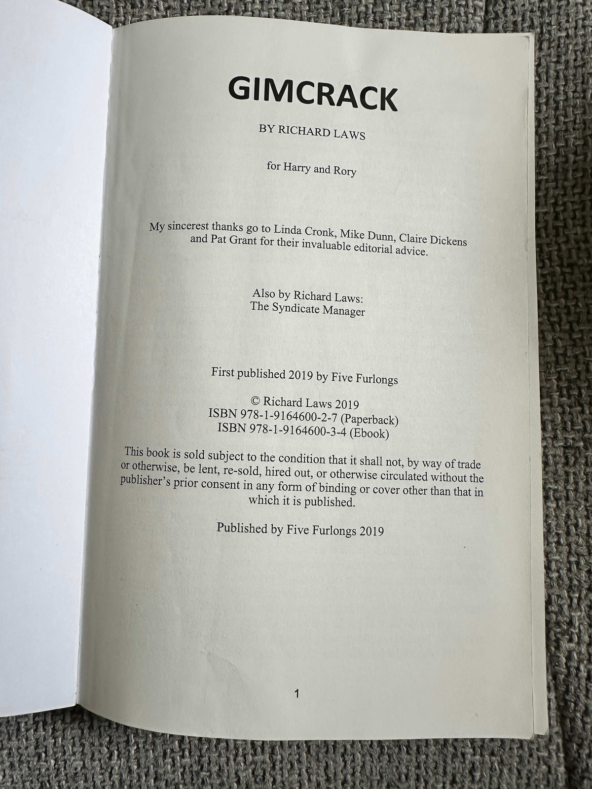 2019*1st* Gimcrack (A Racing Thriller) Richard Laws (Five Furlongs)