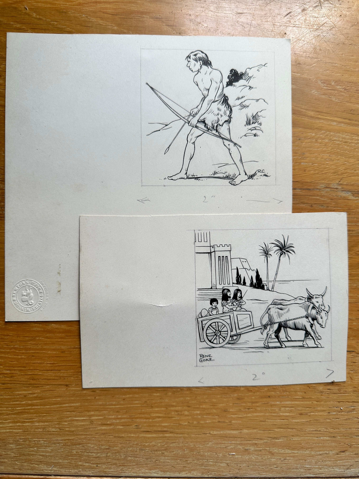 Rene Cloke (1904–1995)These are excellent examples of original ink illustrations by Rene Cloke, and based on the content, style, and markings, they’re very likely production artwork for a children’s educational or history book (possibly mid-20th century).