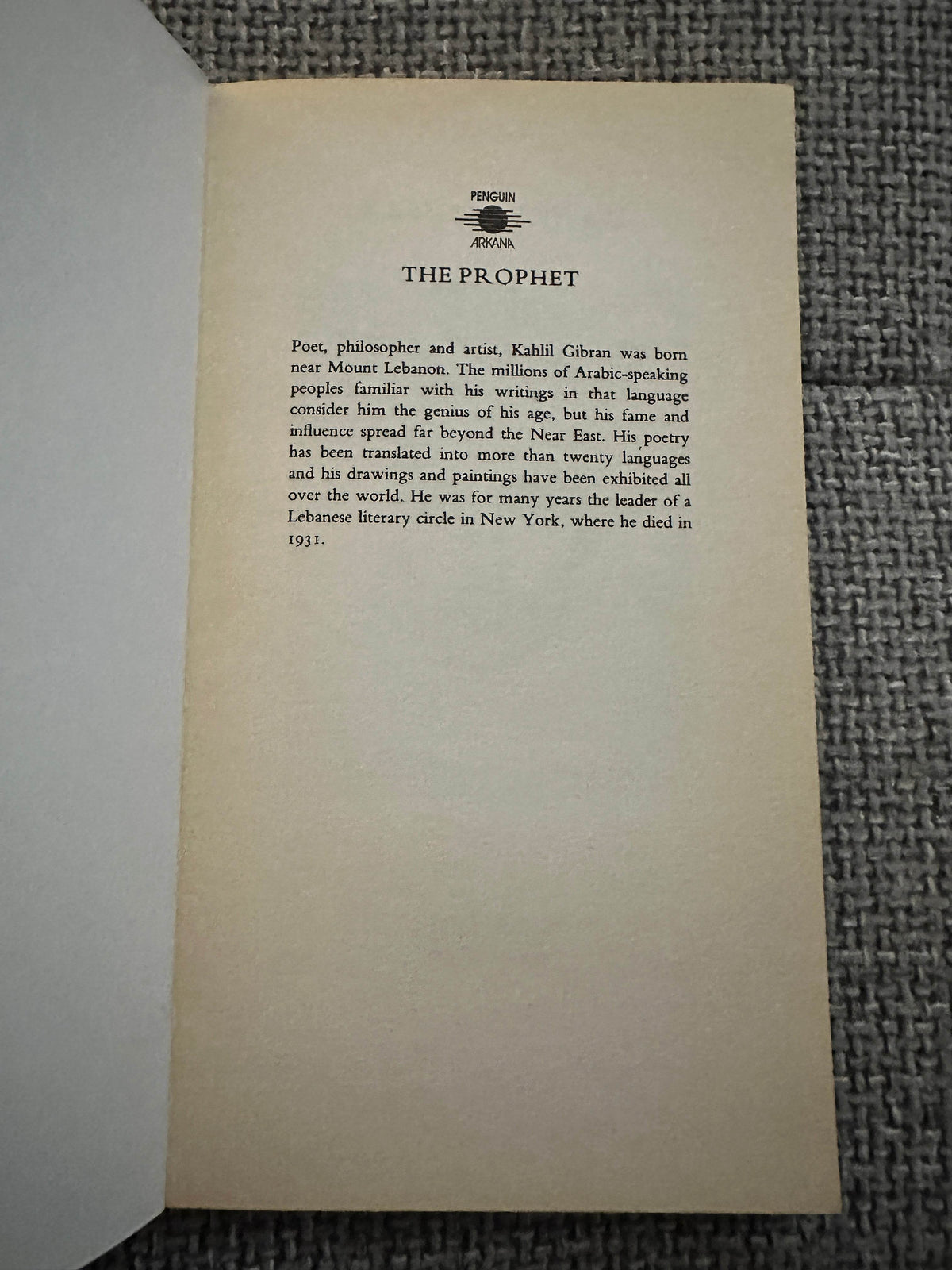 1992 The Prophet - Kahlil Gibran(Penguin Arkana) - Honeyburn Books (UK)
