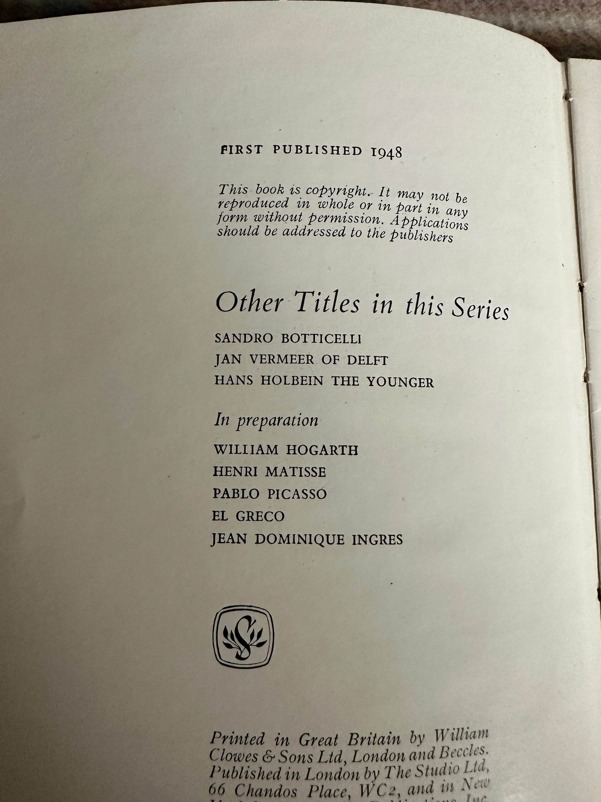 1948 Blake(World’s Masters New Series) Anthony Bertram(The Studio Publication) - Honeyburn Books (UK)