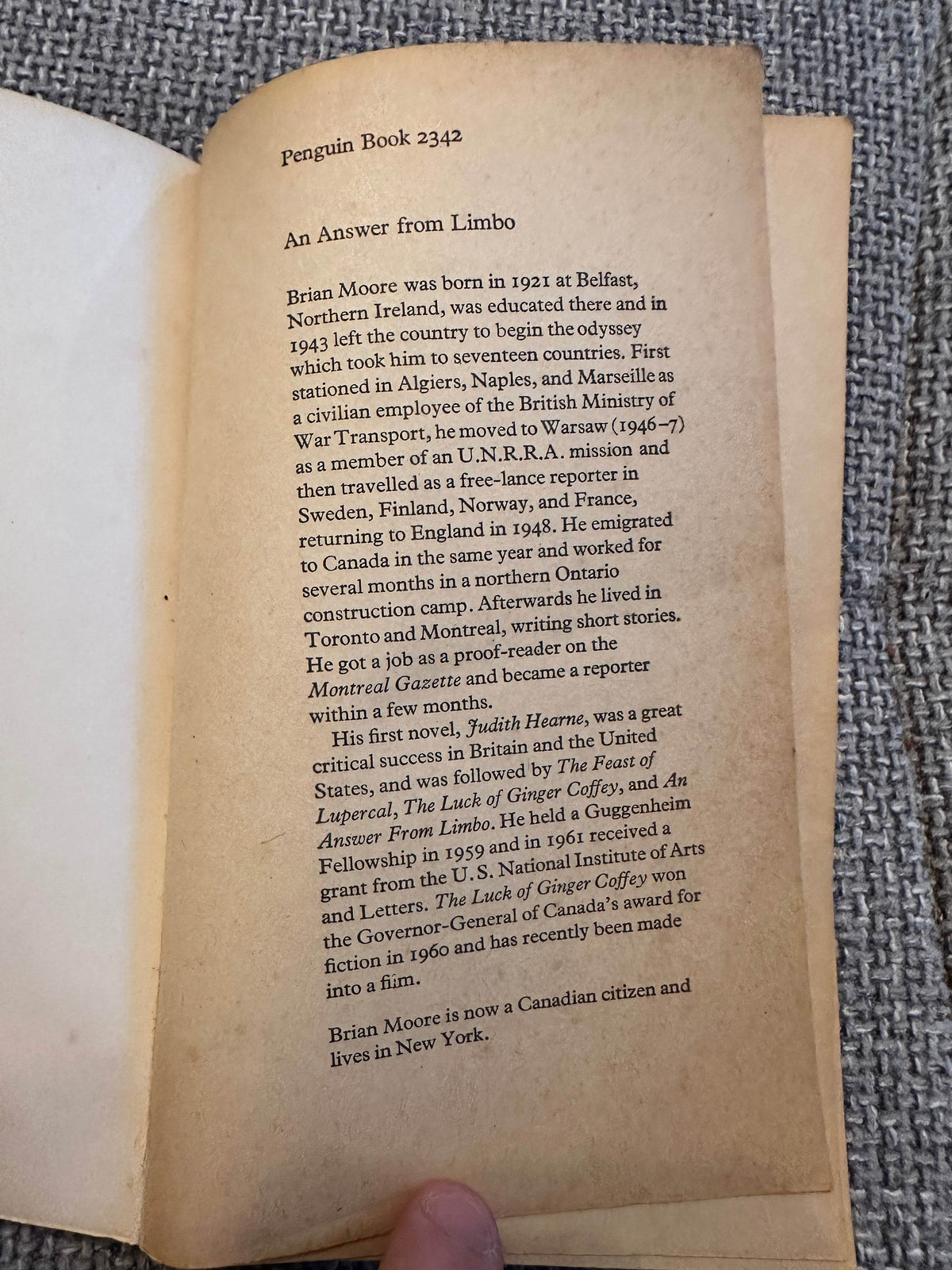 1965*1st* An Answer From Limbo - Brian Moore(Penguin) - Honeyburn Books (UK)