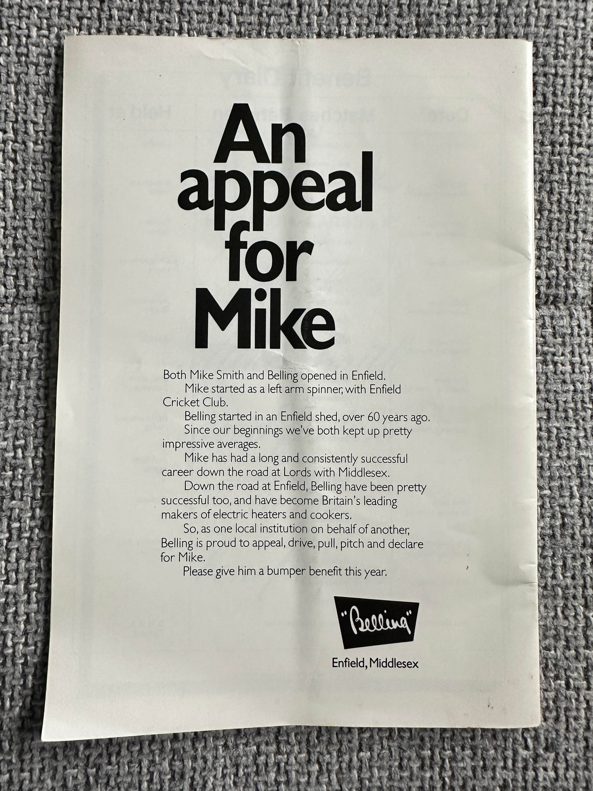 1976 Mike Smith(Cricketer) Benefit 76 Souvenir Programme - Honeyburn Books (UK)