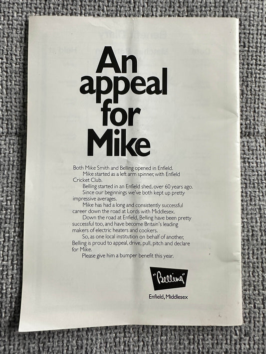 1976 Mike Smith(Cricketer) Benefit 76 Souvenir Programme - Honeyburn Books (UK)