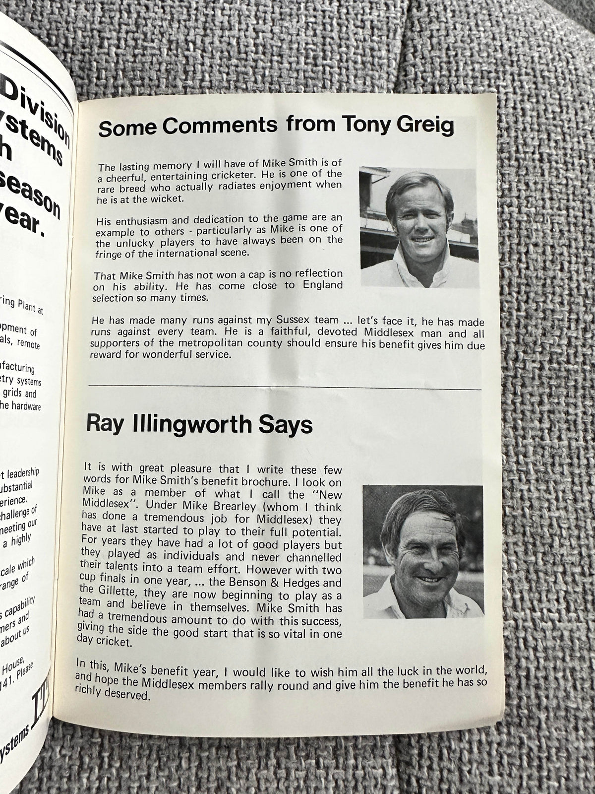 1976 Mike Smith(Cricketer) Benefit 76 Souvenir Programme - Honeyburn Books (UK)