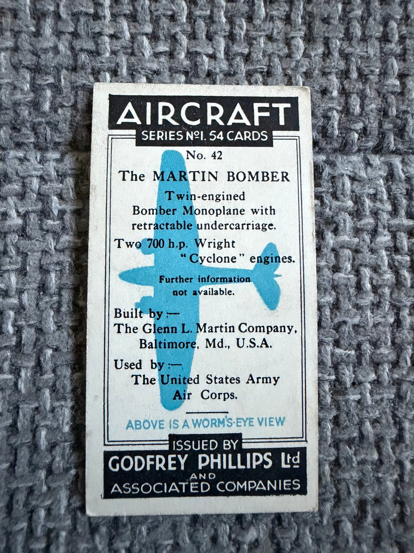 Vintage Cigarette Card — Martin Bomber — Godfrey Phillips Aircraft Series 1