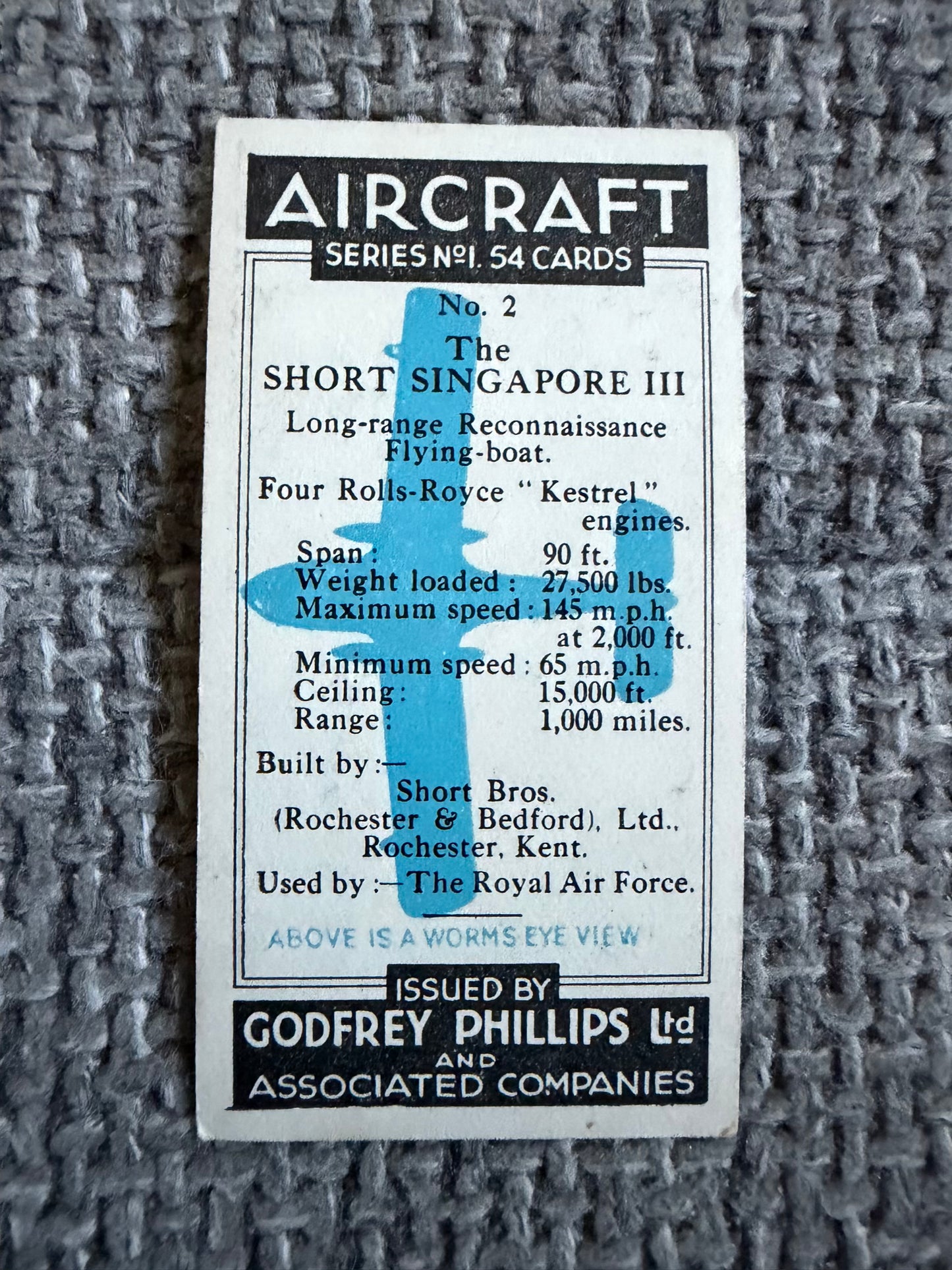 Vintage Cigarette Card — Short Singapore III — Godfrey Phillips Aircraft Series 1
