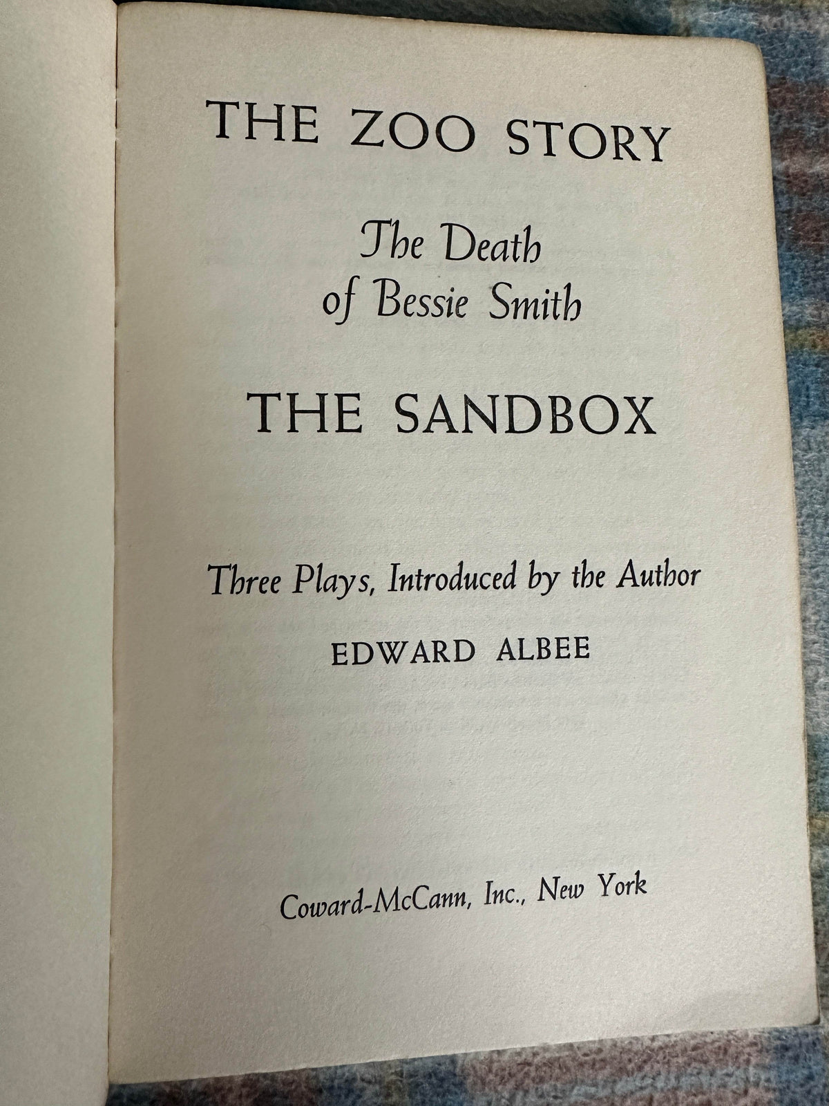 1960 The Zoo Story / The Death Of Bessie Smith / The Sandbox 3 Plays by Edward Albee(Coward-McCann Publisher) New York - Honeyburn Books (UK)