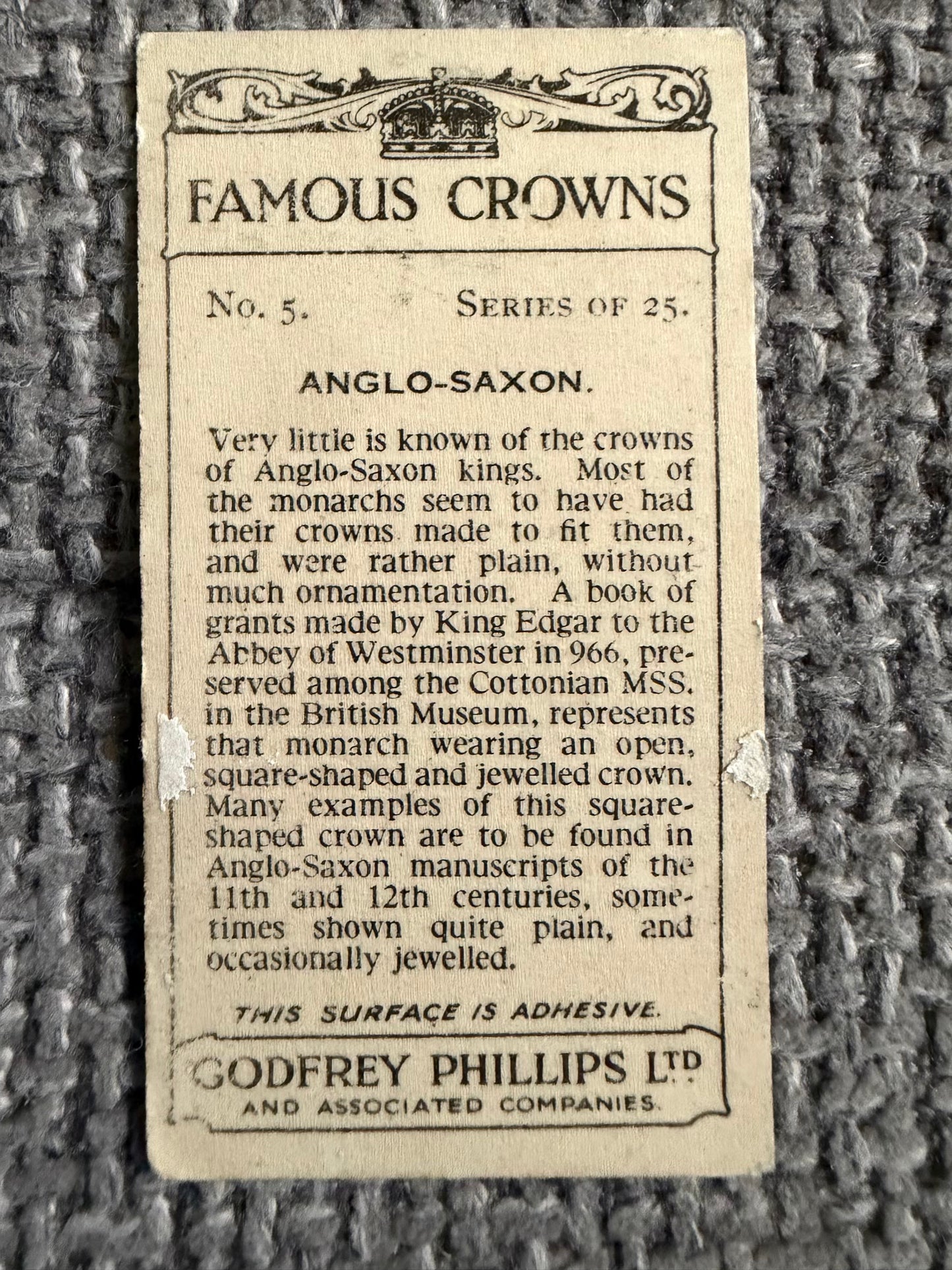 Vintage Cigarette Card — Famous Crowns — Anglo-Saxon — Godfrey Phillips No.5