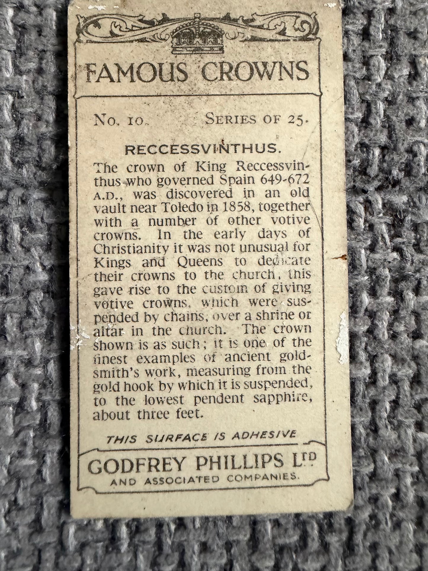 Vintage Cigarette Card — Famous Crowns — Recessivithus — Godfrey Phillips No.10