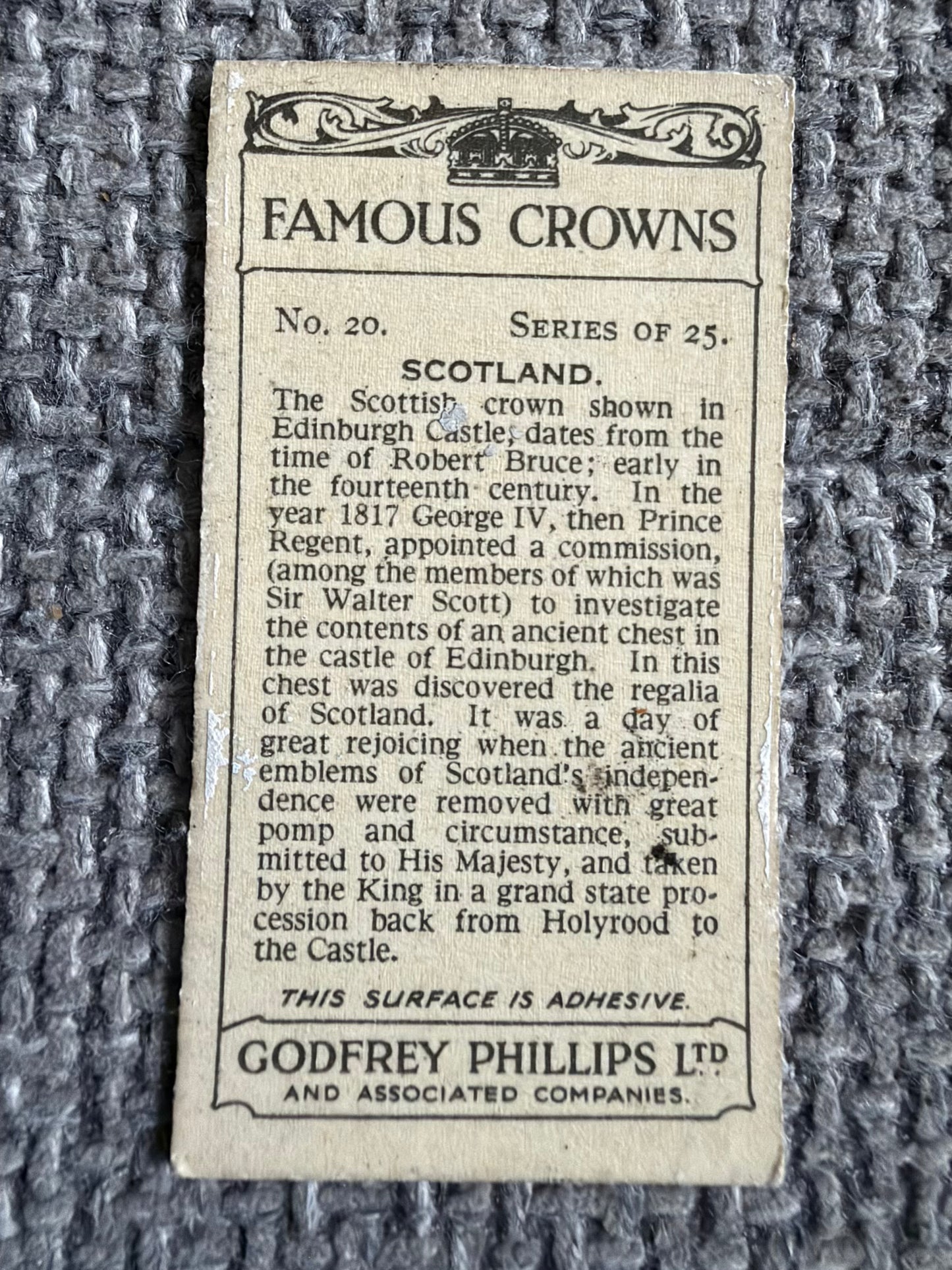 Vintage Cigarette Card — Famous Crowns — Scotland — Godfrey Phillips