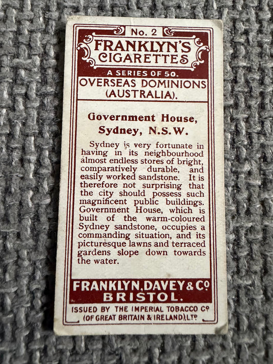 Vintage Cigarette Card — Government House Sydney — Franklyn's Overseas Dominions No.2