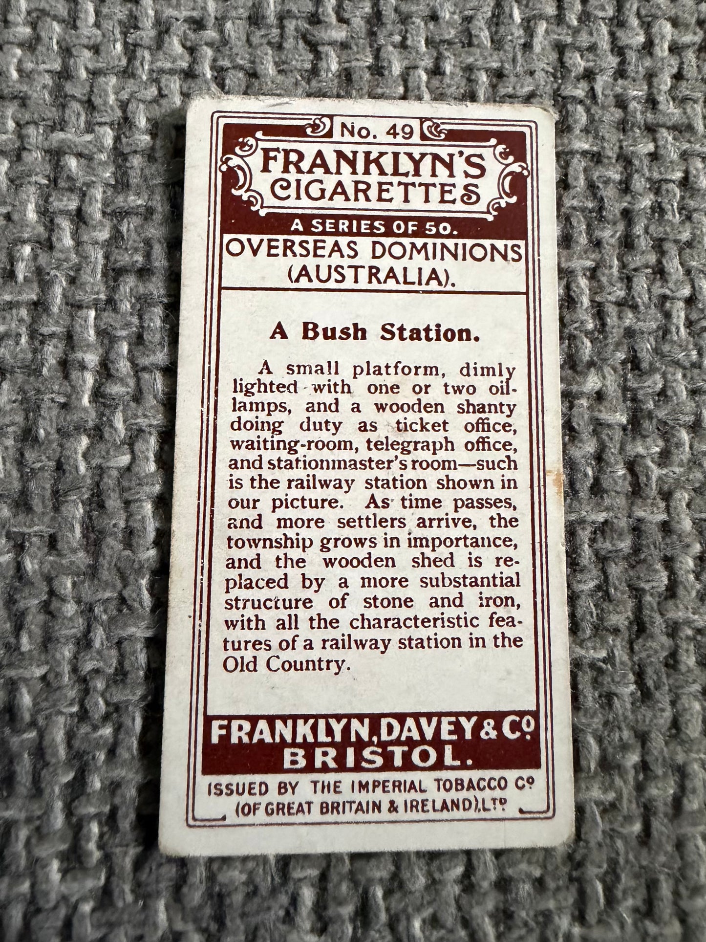 Vintage Cigarette Card — A Bush Station — Franklyn's Overseas Dominions No.49