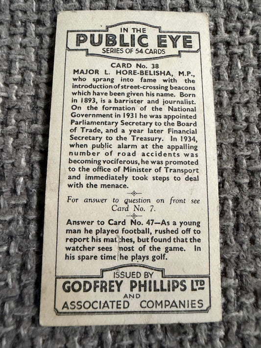 Vintage Cigarette Card — Leslie Hore-Belisha — The Public Eye — Godfrey Phillips No.38